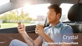  Presentation with car seat - Presentation design with transport technology and people concept - male passenger drinking coffee and using smartphone on back seat of taxi car background and a violet colored foreground