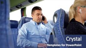  Presentation with tourism business - Slide deck enhanced with transport tourism business trip and people concept - man with smartphone and laptop calling in travel bus background and a ocean colored foreground