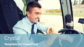  Presentation with emotion - Audience pleasing presentation consisting of transport tourism gesture emotion and people concept - angry driver showing fist and driving bus backdrop and a light blue colored foreground