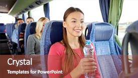  Presentation with road bus - Colorful presentation design enhanced with transport tourism road trip and people concept - happy young woman with water bottle in travel bus backdrop and a red colored foreground