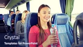 Presentation with road bus - Slide deck featuring transport tourism road trip and people concept - happy young woman with water bottle in travel bus background and a navy blue colored foreground