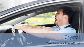  Presentation with sleepy yawning man driving car - PPT theme with transport vehicle and driving concept - tired sleepy man or car driver yawning background and a teal colored foreground