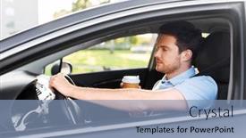  Presentation with sleepy driving - Audience pleasing slide set consisting of transport vehicle and driving concept - tired sleepy man or car driver with takeaway coffee cup backdrop and a light blue colored foreground
