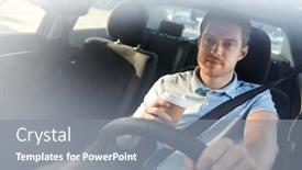  Presentation with sleepy driving - PPT theme having transport vehicle and driving concept - tired sleepy man or car driver with takeaway coffee cup background and a gray colored foreground