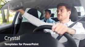  Presentation with vehicle - Amazing slides having transport vehicle and people concept - male driver with wireless earphones or hands free device driving car with passenger backdrop and a tawny brown colored foreground