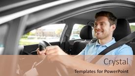  Presentation with vehicle - Audience pleasing theme consisting of transport vehicle and people concept - smiling man or driver driving car in summer backdrop and a coral colored foreground
