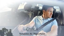  Presentation with vehicle - Amazing PPT layouts having transport vehicle and people concept - displeased young man or driver driving car in summer backdrop and a light blue colored foreground