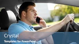  Presentation with vehicle - Colorful slide deck enhanced with transport vehicle and people concept - man or driver driving car and calling on smartphone backdrop and a teal colored foreground