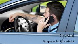  Presentation with vehicle - Presentation design featuring transport vehicle and people concept - man or driver driving car and calling on smartphone background and a light blue colored foreground