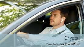  Presentation with vehicle - Presentation design consisting of transport vehicle and people concept - man or driver with wireless earphones or hands free device driving car background and a light blue colored foreground