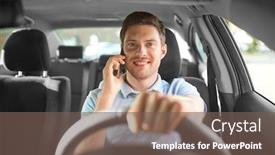  Presentation with vehicle - PPT layouts featuring transport vehicle and people concept - smiling man or driver driving car and calling on smartphone background and a violet colored foreground
