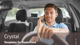  Presentation with vehicle - PPT layouts with transport vehicle and people concept - smiling man or driver driving car and calling on smartphone background and a dark gray colored foreground