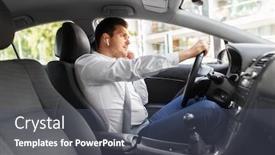 Presentation with vehicle - Audience pleasing slide set consisting of transport vehicle and people concept - man or driver with wireless earphones or hands free device driving car backdrop and a dark gray colored foreground