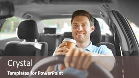  Presentation with takeaway coffee - Colorful PPT theme enhanced with transport vehicle and people concept - happy smiling man or driver with takeaway coffee cup driving car backdrop and a gray colored foreground