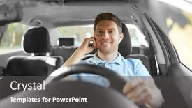  Presentation with vehicle - Presentation theme with transport vehicle and people concept - man or driver with wireless earphones or hands free device driving car background and a dark gray colored foreground