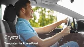  Presentation with vehicle - PPT theme with transport vehicle and people concept - smiling man or driver driving car in summer background and a gray colored foreground