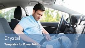  Presentation with safe - Slide deck with transport vehicle and safe driving concept - man or car driver fastening safety seat belt in summer background and a teal colored foreground