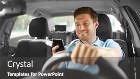  Presentation with vehicle - Theme having transport vehicle and technology concept - smiling man or driver driving car and using smartphone background and a dark gray colored foreground