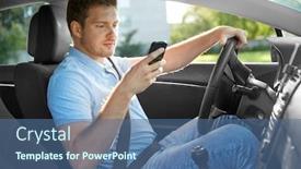  Presentation with vehicle - PPT theme with transport vehicle and technology concept - smiling man or driver driving car and using smartphone background and a ocean colored foreground