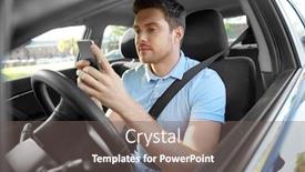  Presentation with vehicle - Presentation theme with transport vehicle and technology concept - smiling man or driver driving car and using smartphone background and a gray colored foreground
