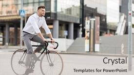  Presentation with bicycle - PPT layouts featuring transportation - lifestyle transport and people concept background and a light gray colored foreground