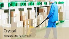  Presentation with medical worker - Colorful presentation design enhanced with transportation - medical warehouse worker man loading backdrop and a soft green colored foreground