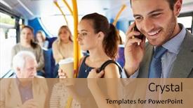  Presentation with commuter - Slide deck featuring transportation - passengers standing on busy commuter background and a coral colored foreground