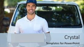  Presentation with delivery van - Audience pleasing theme consisting of transportation - portrait of cheerful delivery person backdrop and a light blue colored foreground