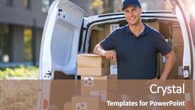  Presentation with delivery van - PPT theme consisting of transportation - smiling delivery man standing background and a coral colored foreground