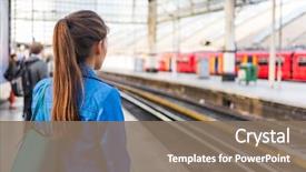  Presentation with rush hour - PPT theme having transportation - train station morning commute woman background and a violet colored foreground