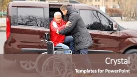 Presentation with helping man - Audience pleasing slides consisting of transportation - young man helping handicapped man backdrop and a violet colored foreground