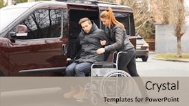  Presentation with helping man - Cool new theme with transportation - young woman helping handicapped man backdrop and a light gray colored foreground