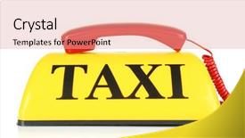  Presentation with transportation taxi from his cell - Beautiful PPT theme featuring transportation concept yellow taxi sign backdrop and a coral colored foreground