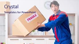  Presentation with transportation - Colorful PPT theme enhanced with transportation contractor with fragile boxes backdrop and a sky blue colored foreground