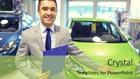  Presentation with car business - Slide set with auto business car sale consumerism and people concept - happy man at auto show or salon background and a yellow colored foreground