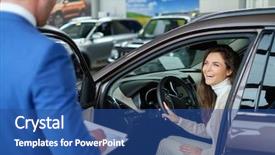  Presentation with dealership - Beautiful presentation theme featuring beautiful young woman buys a car in the dealership saloon backdrop and a ocean colored foreground