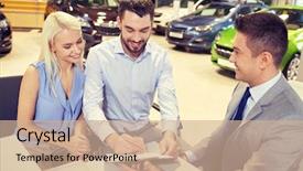  Presentation with car dealer - Slide set having happy couple with car dealer background and a coral colored foreground