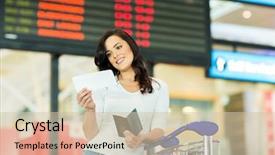  Presentation with ticket - Colorful slide deck enhanced with flight board - smiling woman looking at air backdrop and a soft green colored foreground