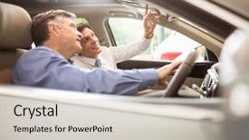  Presentation with transportation - Slide deck with transportation interactive - businessman pointing a car interior background and a lemonade colored foreground