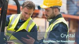  Presentation with warehouse - Amazing PPT theme having transportation interactive - focused warehouse workers talking together backdrop and a ocean colored foreground