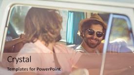  Presentation with campervan - PPT layouts with transportation interactive - male friends interacting with each background and a coral colored foreground