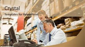  Presentation with working together - Cool new presentation theme with transportation interactive - warehouse managers working together backdrop and a coral colored foreground