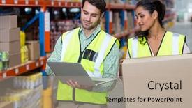  Presentation with warehouse - PPT theme having transportation interactive - warehouse workers working on laptop background and a  colored foreground
