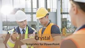  Presentation with shipping bulk - Audience pleasing slides consisting of transportation interactive - workers discussing over clipboard backdrop and a coral colored foreground