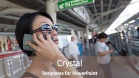  Presentation with talk - Amazing presentation having transportation mrt - asian woman talk on phone backdrop and a  colored foreground