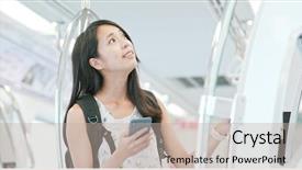  Presentation with transportation train - Colorful PPT layouts enhanced with transportation mrt - woman holding cellphone and looking backdrop and a mint green colored foreground