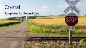  Presentation with road stop sign - Theme consisting of transportation road train - railroad crossing and stop sign background and a sky blue colored foreground