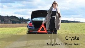  Presentation with triangle - Beautiful slide set featuring transportation rutal - broken car girl and warning backdrop and a coral colored foreground