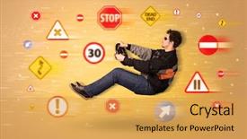  Presentation with road signs - Beautiful PPT layouts featuring transportation safety - young driver with road signs backdrop and a yellow colored foreground