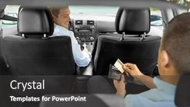  Presentation with taxi - Colorful presentation design enhanced with transportation taxi and payment concept - male car driver looking at passenger with credit card in wallet backdrop and a dark gray colored foreground